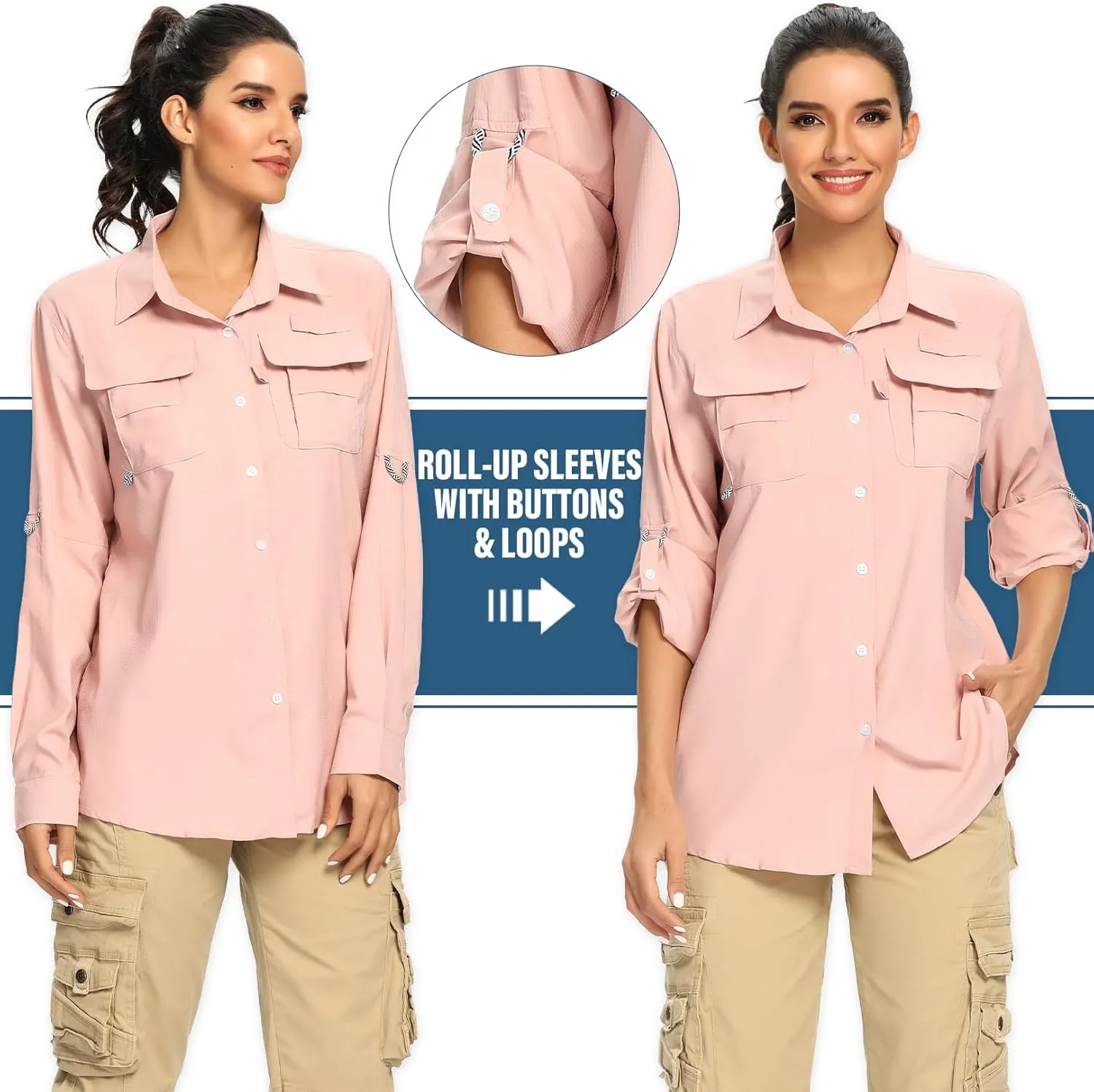 linlon Womens Safari Shirts Long Sleeve UV Protection Hiking Fishing UPF 50  Quick Dry Cooling Camping Travel Shirts