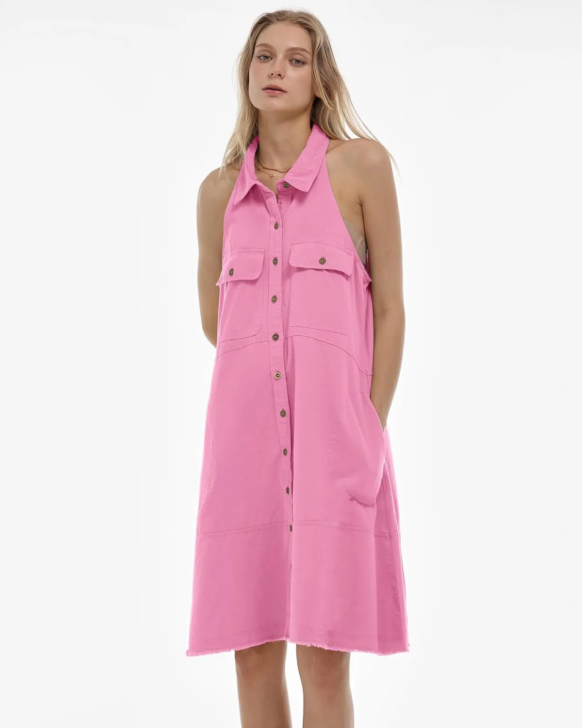 Locachy Women's Summer Sleeveless Halter Neck Button Down Denim Dress Casual A-Line Jean Shirt Dresses