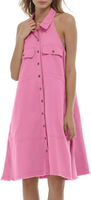 Locachy Women's Summer Sleeveless Halter Neck Button Down Denim Dress Casual A-Line Jean Shirt Dresses