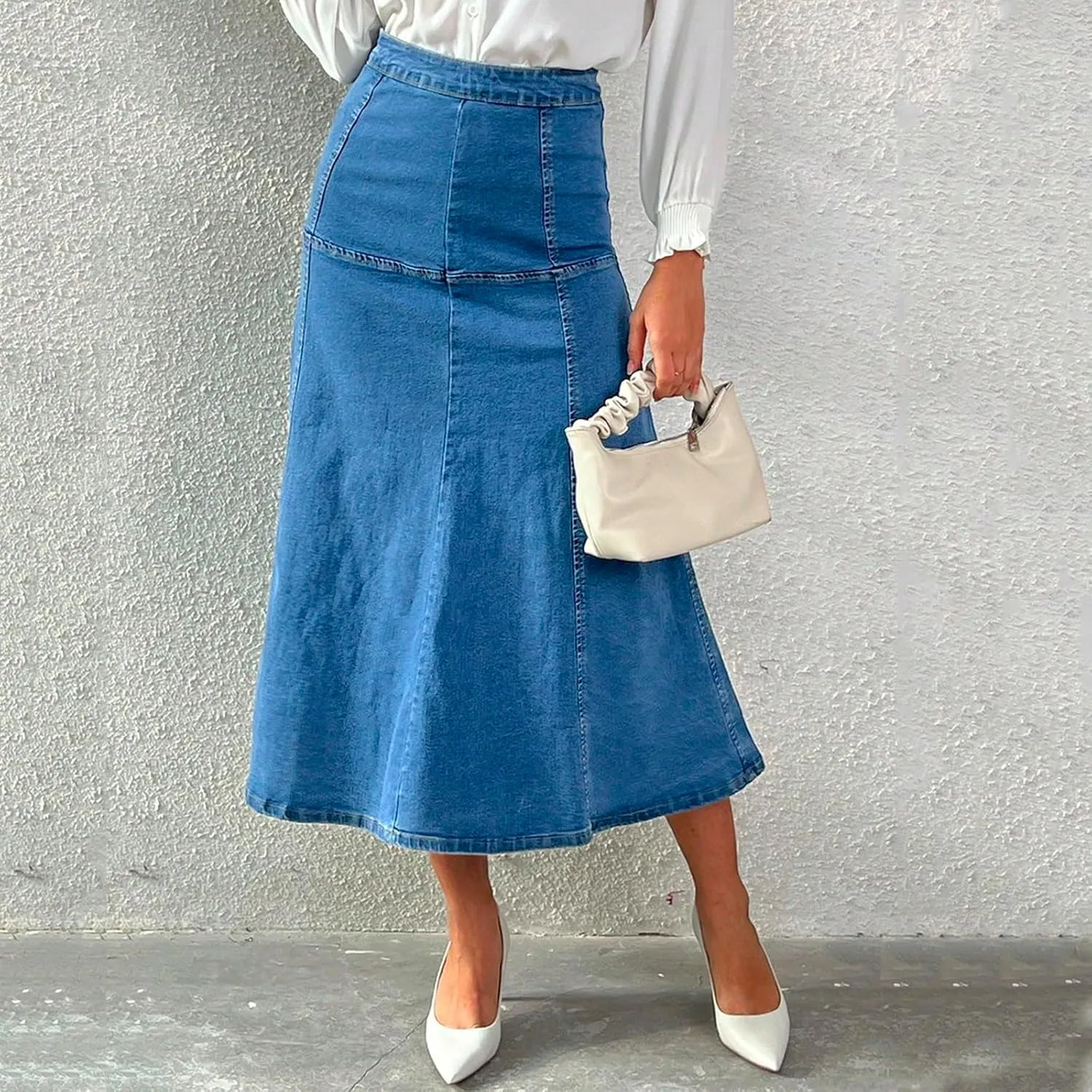 Long Denim Skirts for Women Loose High Waisted Tiered A Line Denim Maxi Skirt Trendy Vintage Long Jean Skirt Midi Length