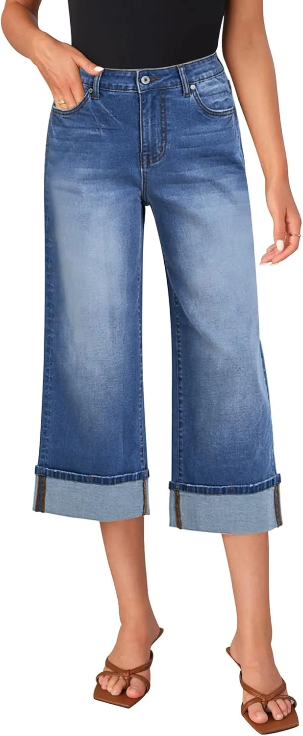 LookbookStore Capris Jeans for Women Wide Leg High Waisted Casual Summer Roll Hem Cropped Stretch Denim Jean Capri Pants