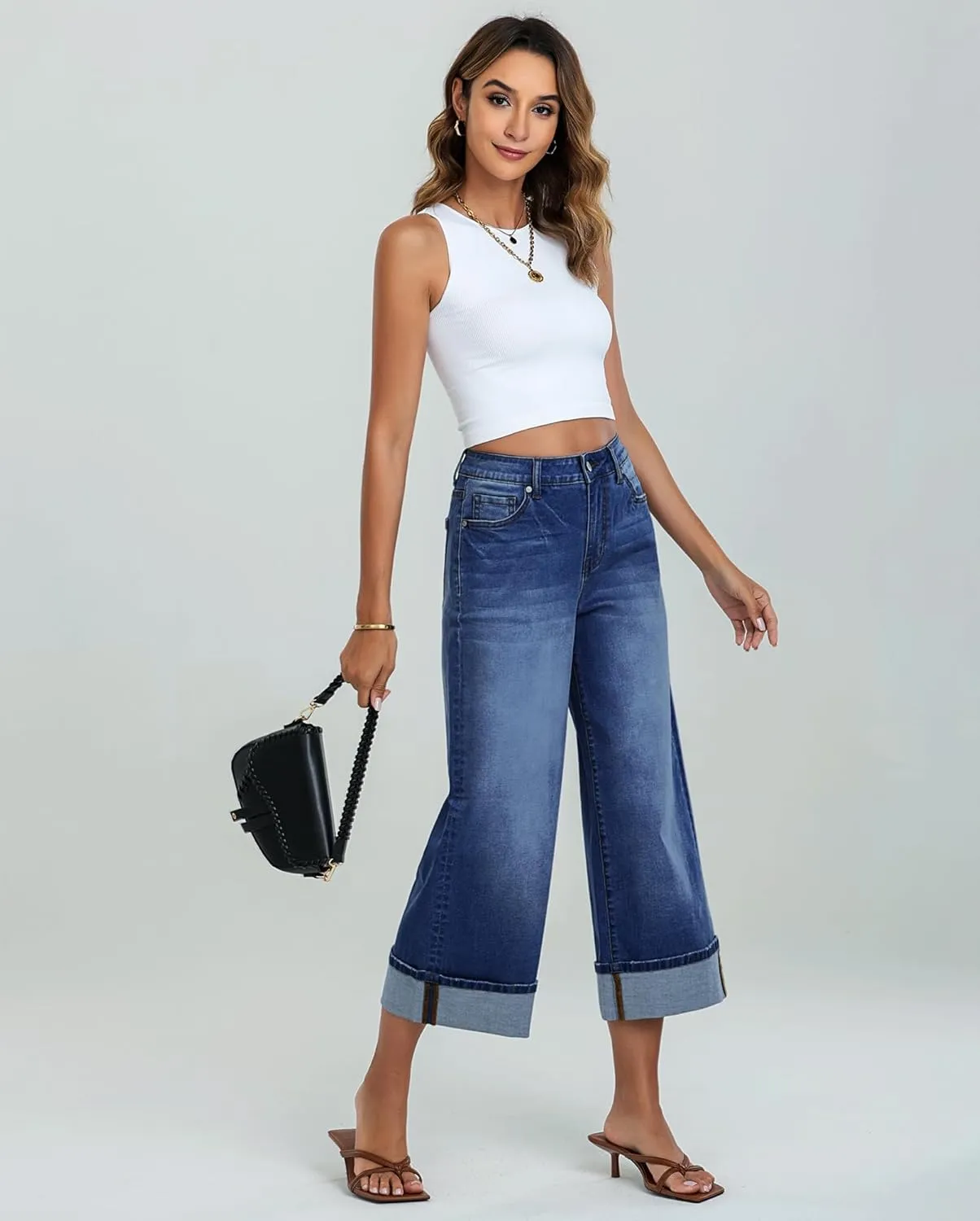 LookbookStore Capris Jeans for Women Wide Leg High Waisted Casual Summer Roll Hem Cropped Stretch Denim Jean Capri Pants