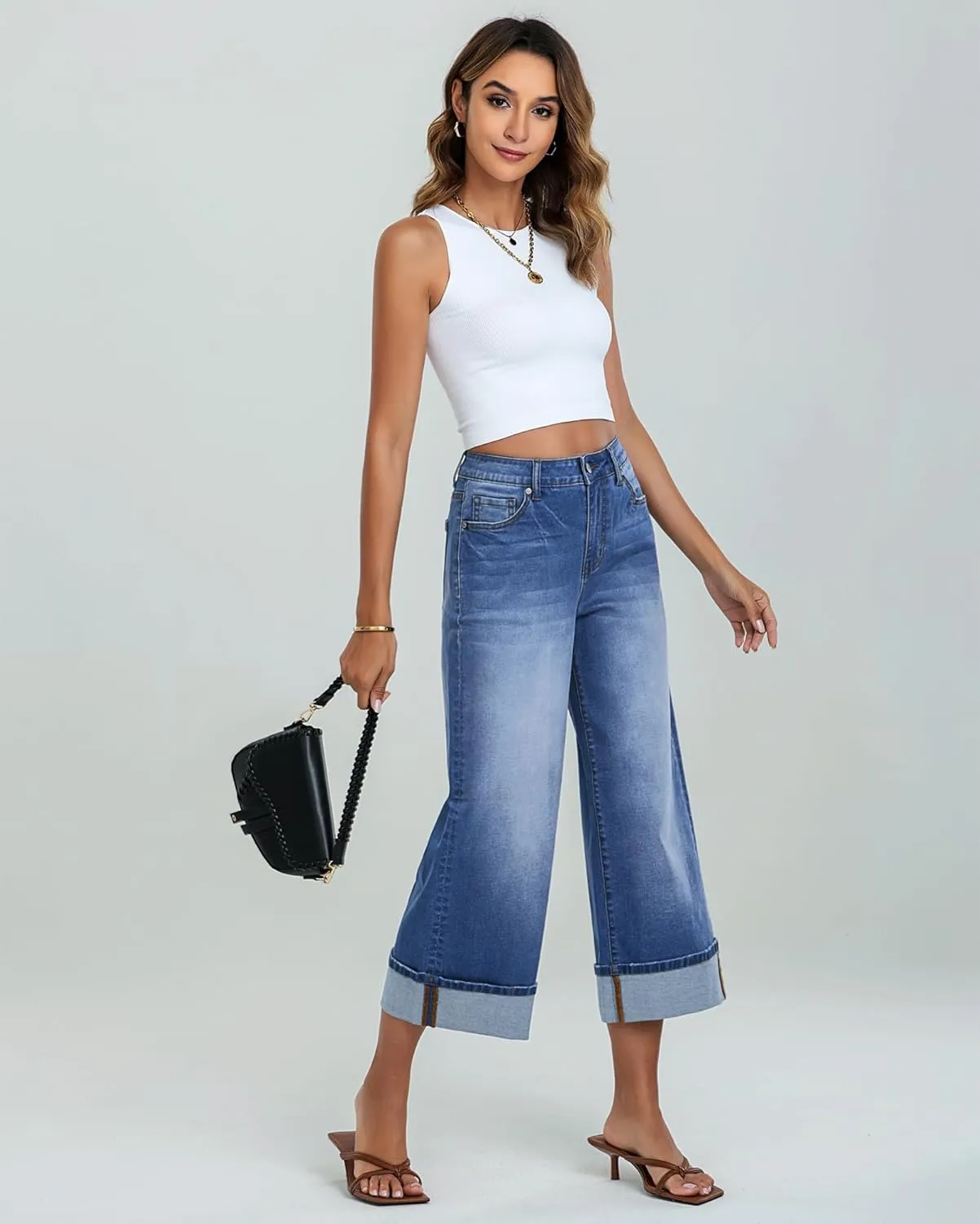 LookbookStore Capris Jeans for Women Wide Leg High Waisted Casual Summer Roll Hem Cropped Stretch Denim Jean Capri Pants