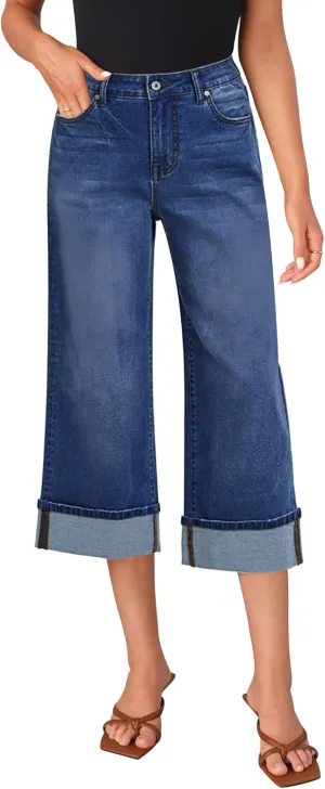LookbookStore Capris Jeans for Women Wide Leg High Waisted Casual Summer Roll Hem Cropped Stretch Denim Jean Capri Pants