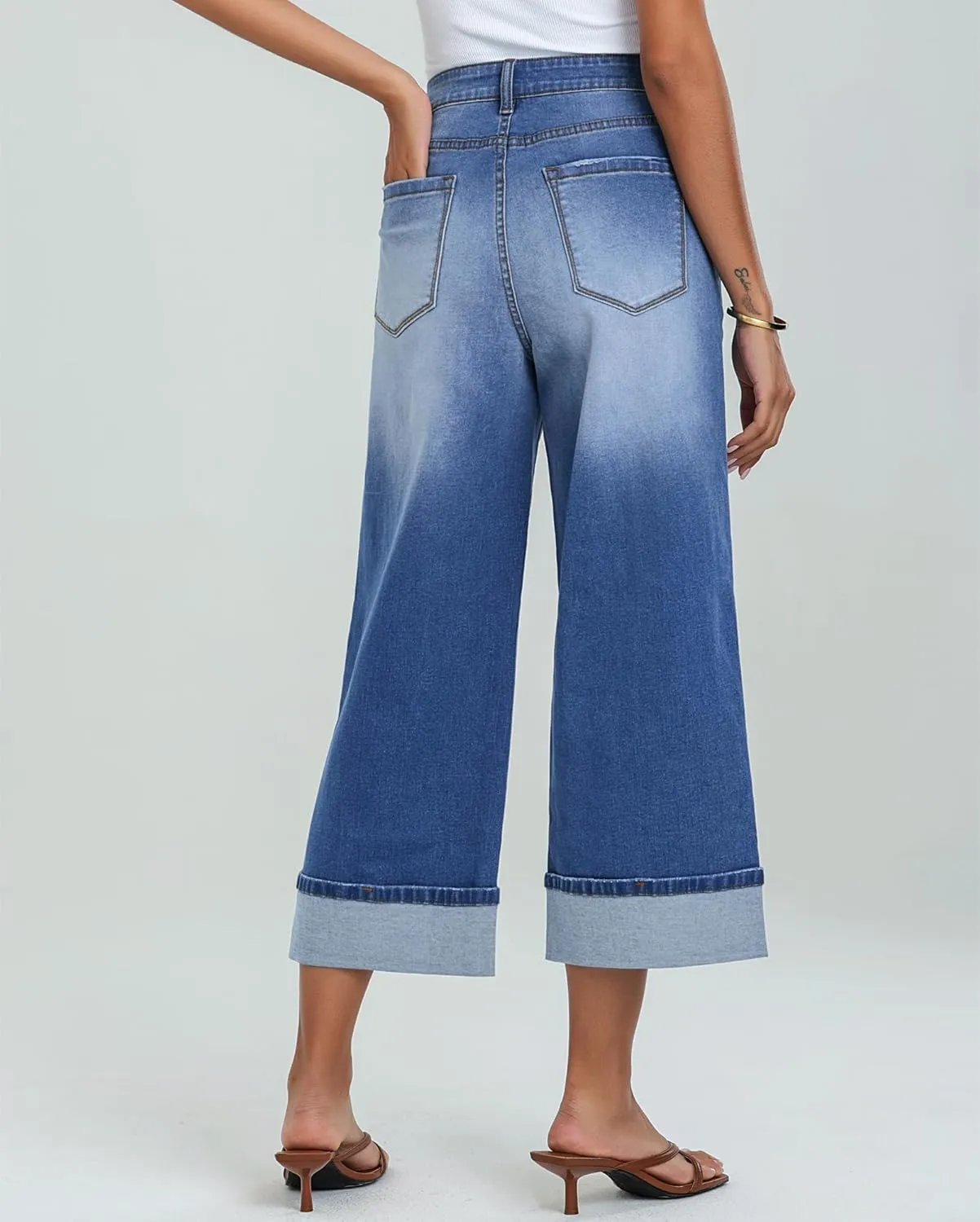 LookbookStore Capris Jeans for Women Wide Leg High Waisted Casual Summer Roll Hem Cropped Stretch Denim Jean Capri Pants