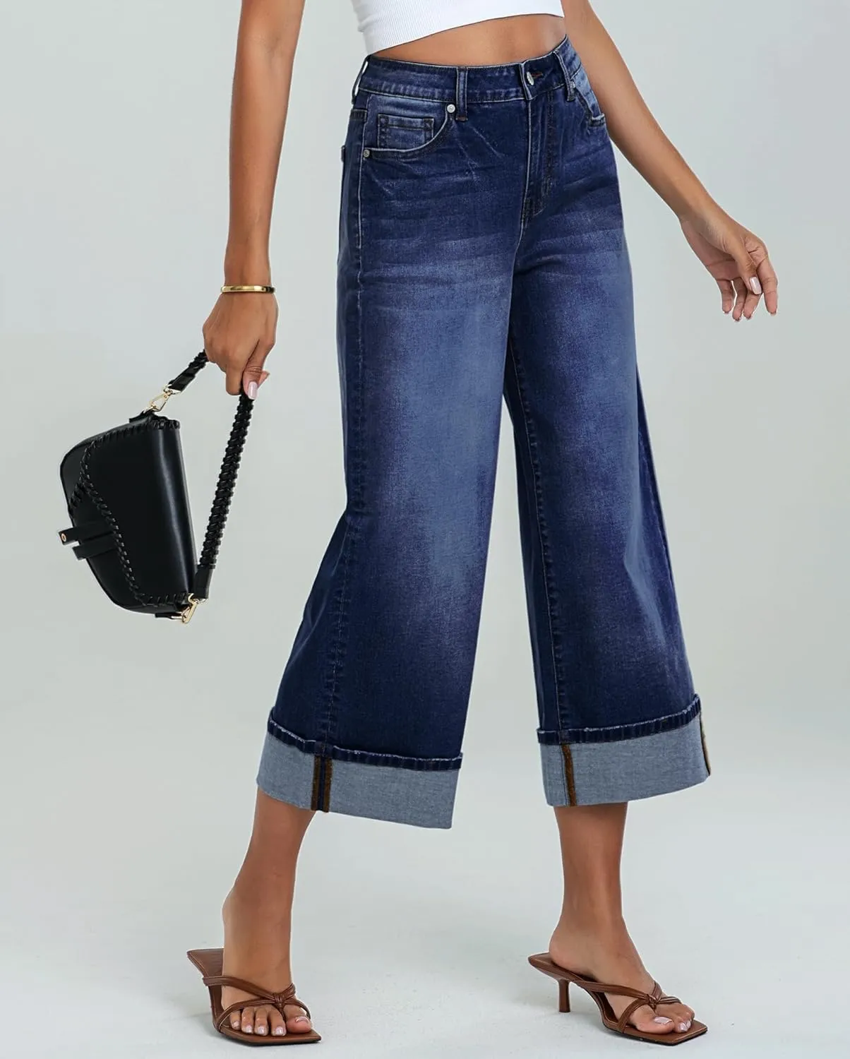 LookbookStore Capris Jeans for Women Wide Leg High Waisted Casual Summer Roll Hem Cropped Stretch Denim Jean Capri Pants