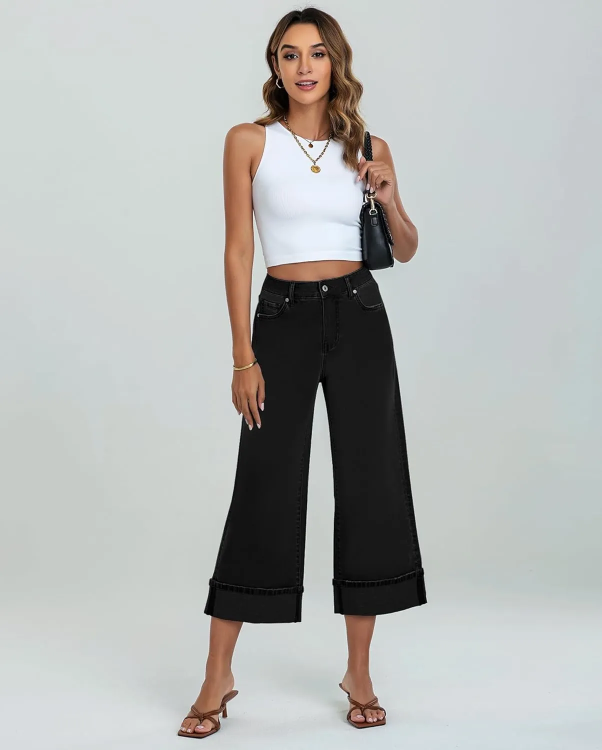 LookbookStore Capris Jeans for Women Wide Leg High Waisted Casual Summer Roll Hem Cropped Stretch Denim Jean Capri Pants