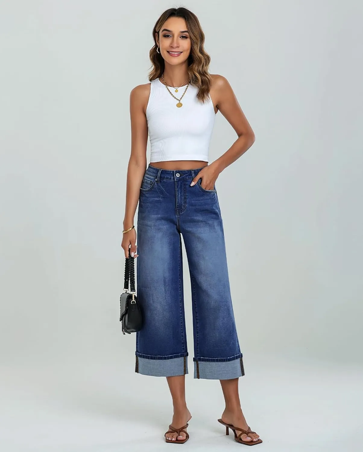 LookbookStore Capris Jeans for Women Wide Leg High Waisted Casual Summer Roll Hem Cropped Stretch Denim Jean Capri Pants