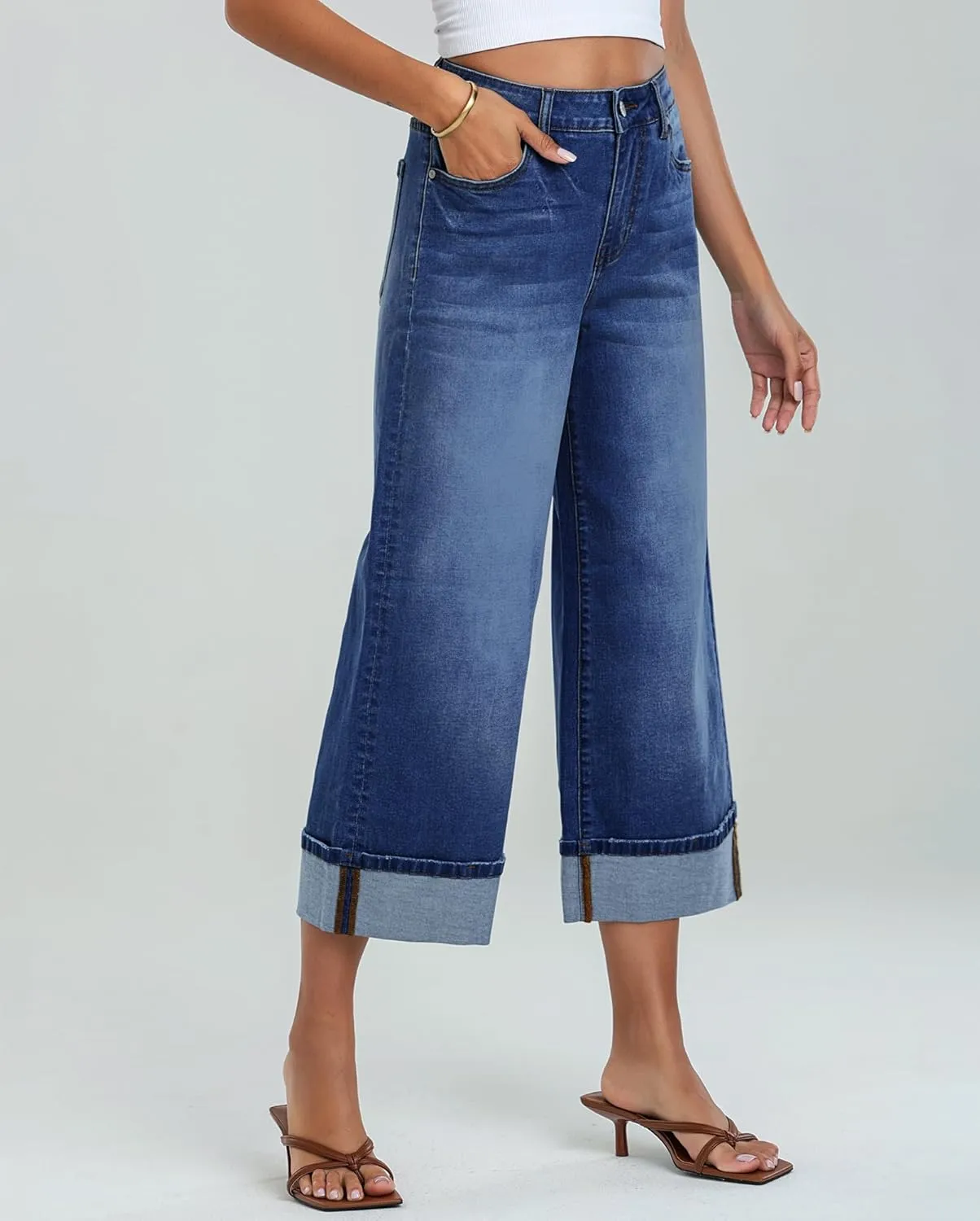 LookbookStore Capris Jeans for Women Wide Leg High Waisted Casual Summer Roll Hem Cropped Stretch Denim Jean Capri Pants