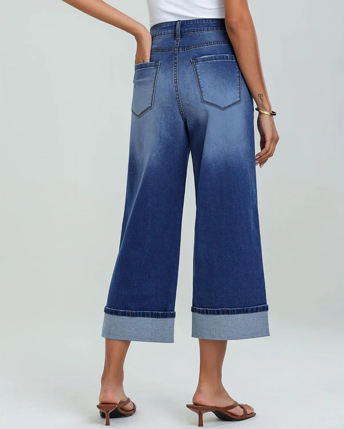 LookbookStore Capris Jeans for Women Wide Leg High Waisted Casual Summer Roll Hem Cropped Stretch Denim Jean Capri Pants
