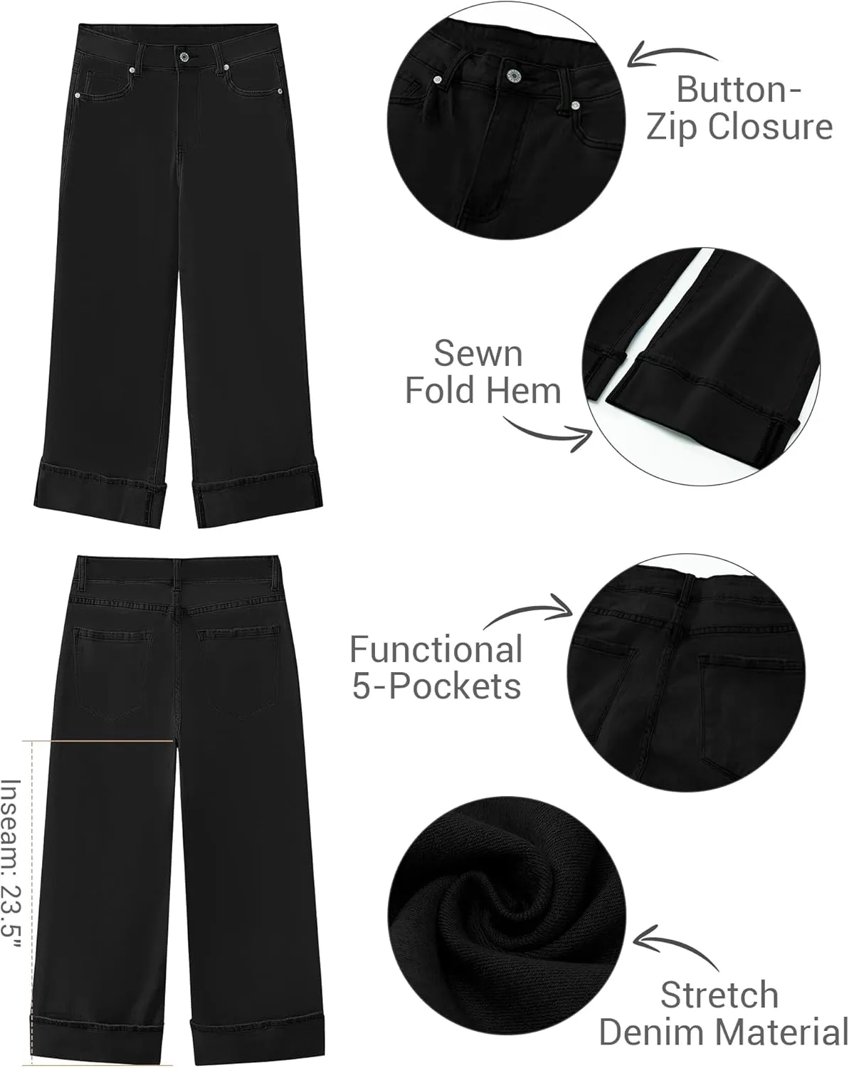 LookbookStore Capris Jeans for Women Wide Leg High Waisted Casual Summer Roll Hem Cropped Stretch Denim Jean Capri Pants