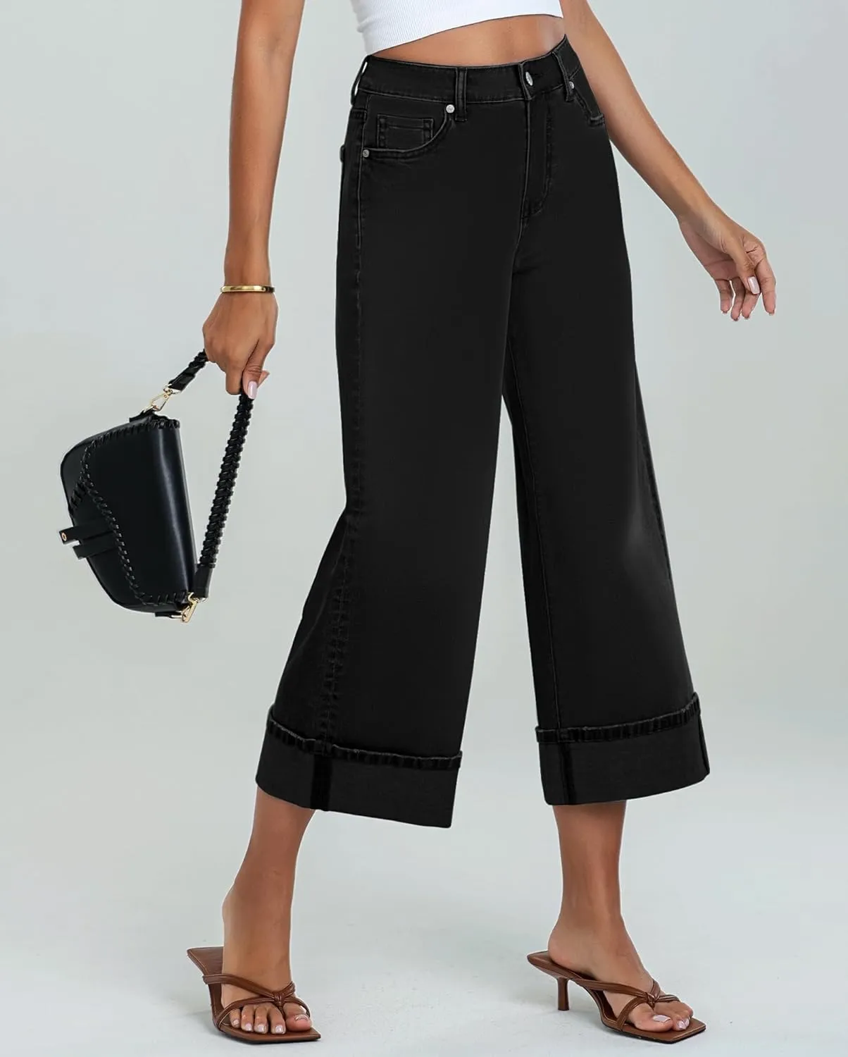 LookbookStore Capris Jeans for Women Wide Leg High Waisted Casual Summer Roll Hem Cropped Stretch Denim Jean Capri Pants