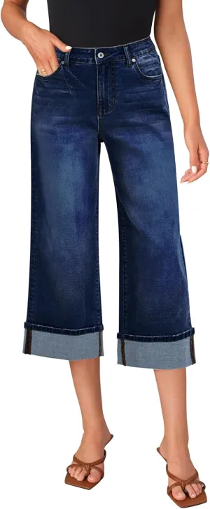 LookbookStore Capris Jeans for Women Wide Leg High Waisted Casual Summer Roll Hem Cropped Stretch Denim Jean Capri Pants