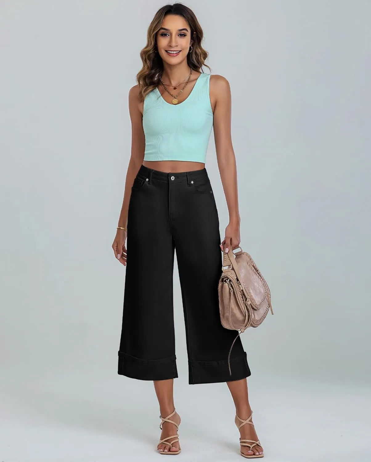 LookbookStore Capris Jeans for Women Wide Leg High Waisted Casual Summer Roll Hem Cropped Stretch Denim Jean Capri Pants