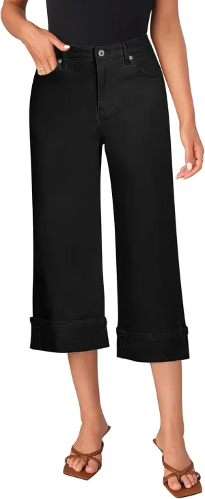 LookbookStore Capris Jeans for Women Wide Leg High Waisted Casual Summer Roll Hem Cropped Stretch Denim Jean Capri Pants