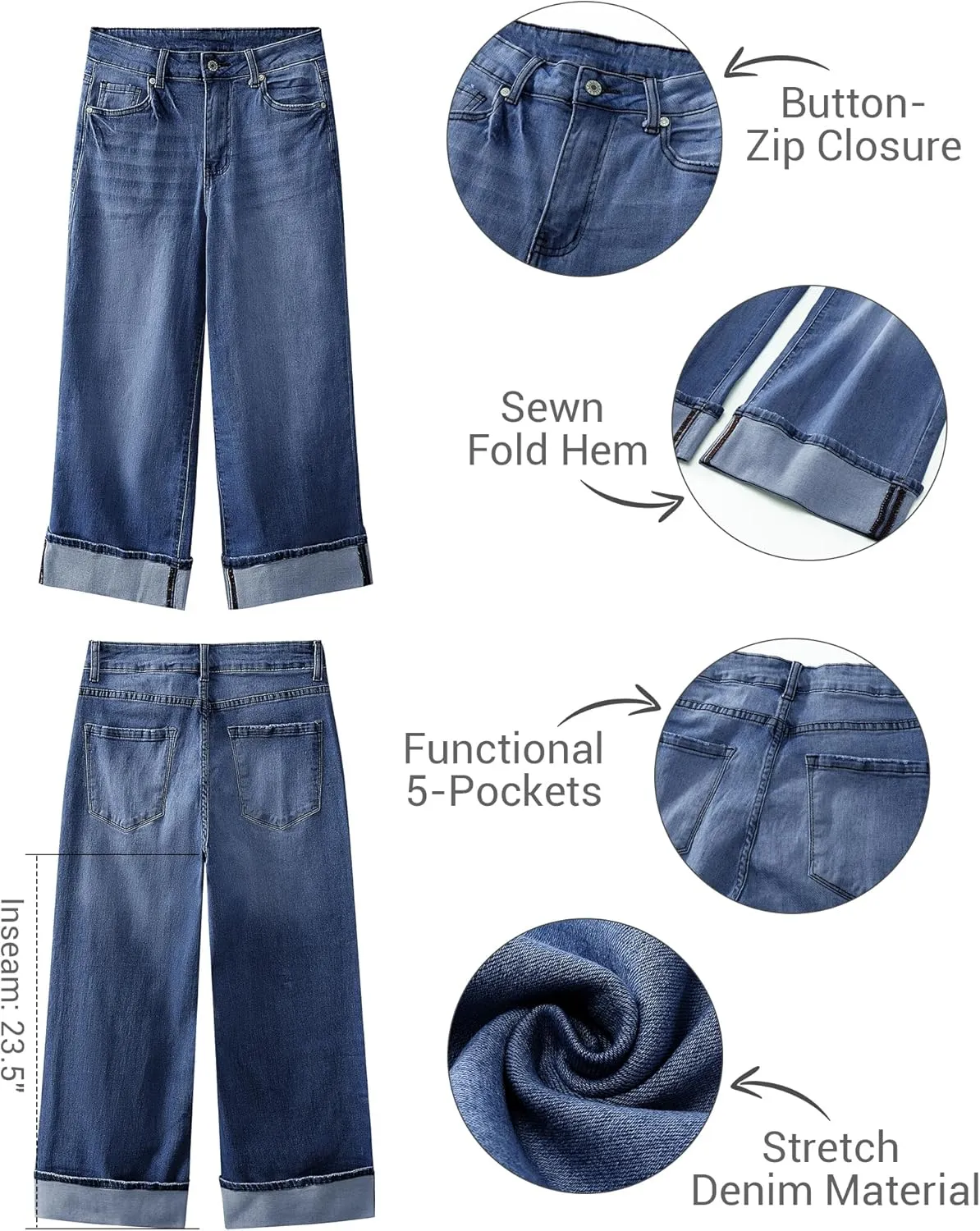 LookbookStore Capris Jeans for Women Wide Leg High Waisted Casual Summer Roll Hem Cropped Stretch Denim Jean Capri Pants