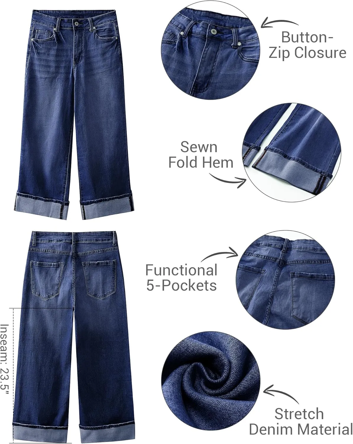 LookbookStore Capris Jeans for Women Wide Leg High Waisted Casual Summer Roll Hem Cropped Stretch Denim Jean Capri Pants