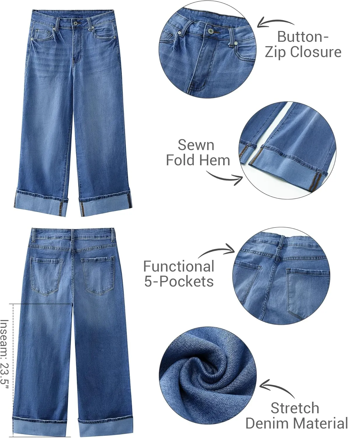 LookbookStore Capris Jeans for Women Wide Leg High Waisted Casual Summer Roll Hem Cropped Stretch Denim Jean Capri Pants
