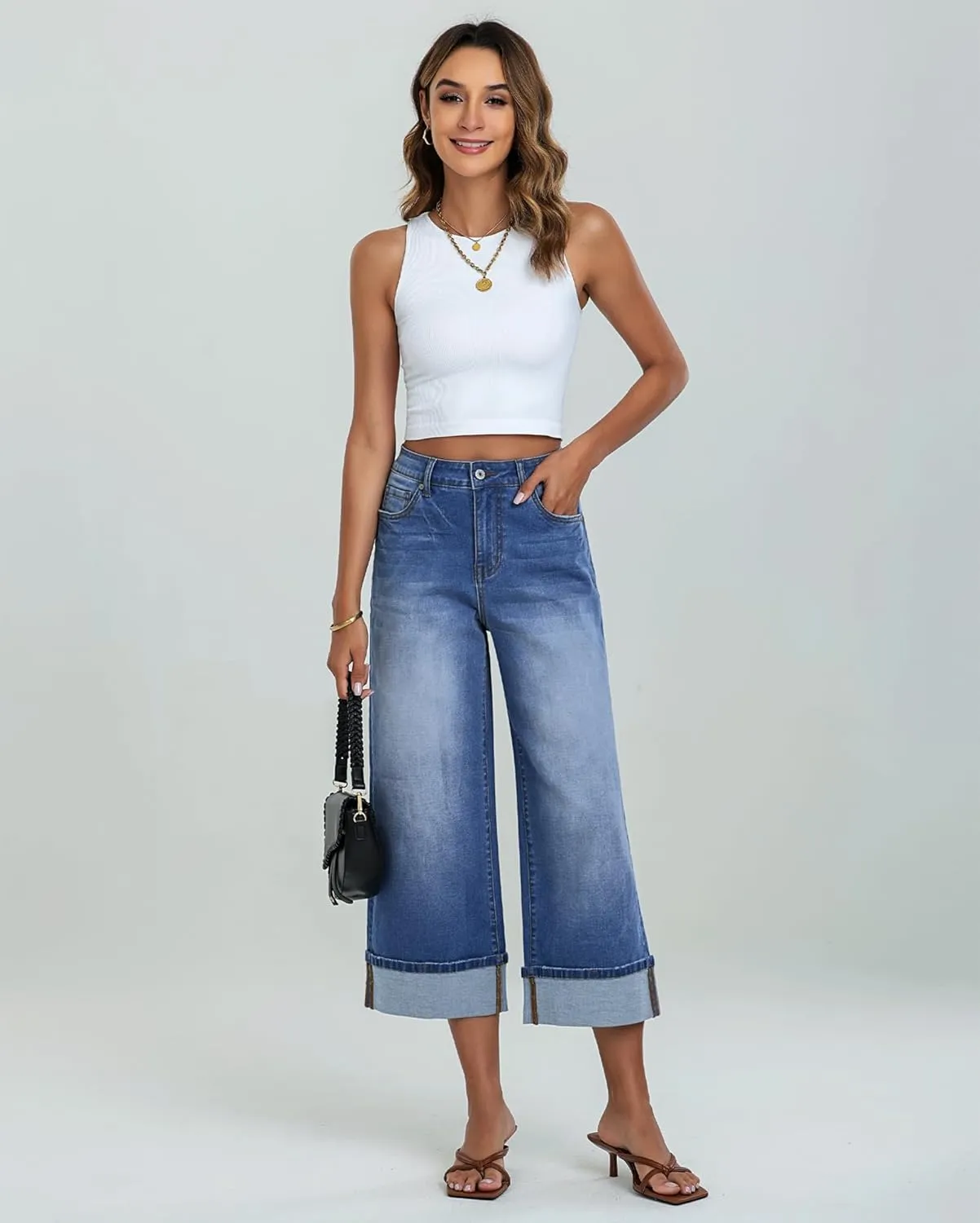 LookbookStore Capris Jeans for Women Wide Leg High Waisted Casual Summer Roll Hem Cropped Stretch Denim Jean Capri Pants