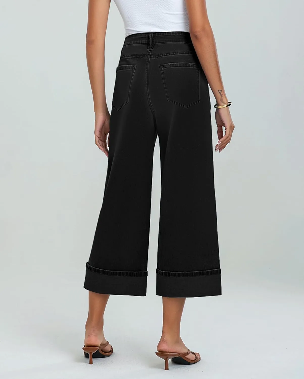 LookbookStore Capris Jeans for Women Wide Leg High Waisted Casual Summer Roll Hem Cropped Stretch Denim Jean Capri Pants