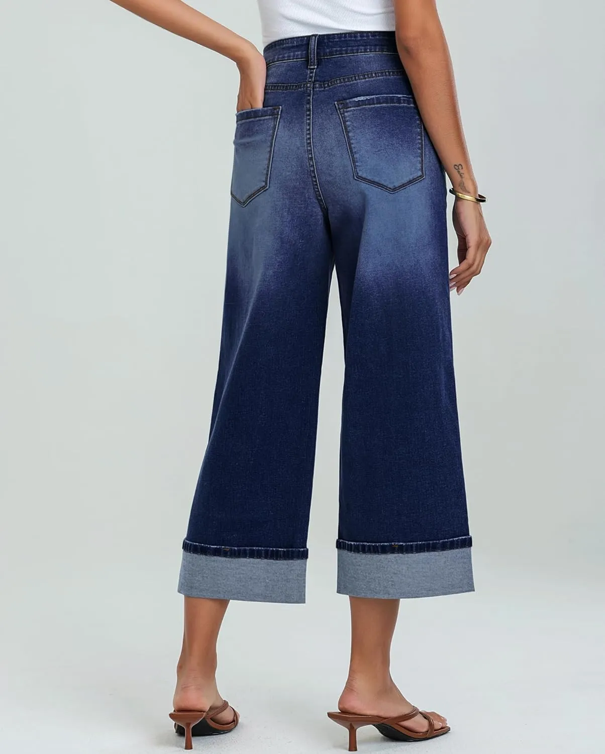 LookbookStore Capris Jeans for Women Wide Leg High Waisted Casual Summer Roll Hem Cropped Stretch Denim Jean Capri Pants