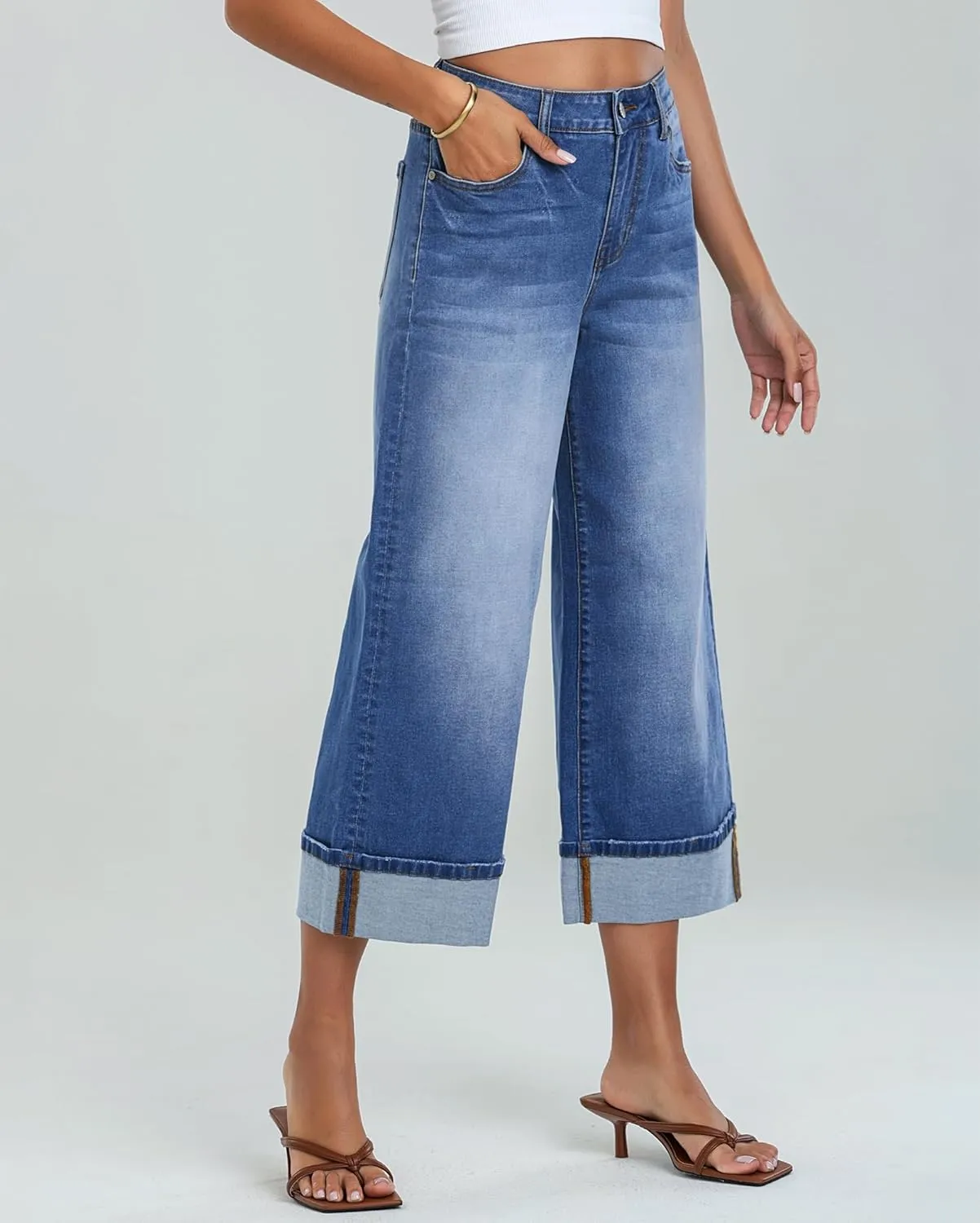 LookbookStore Capris Jeans for Women Wide Leg High Waisted Casual Summer Roll Hem Cropped Stretch Denim Jean Capri Pants