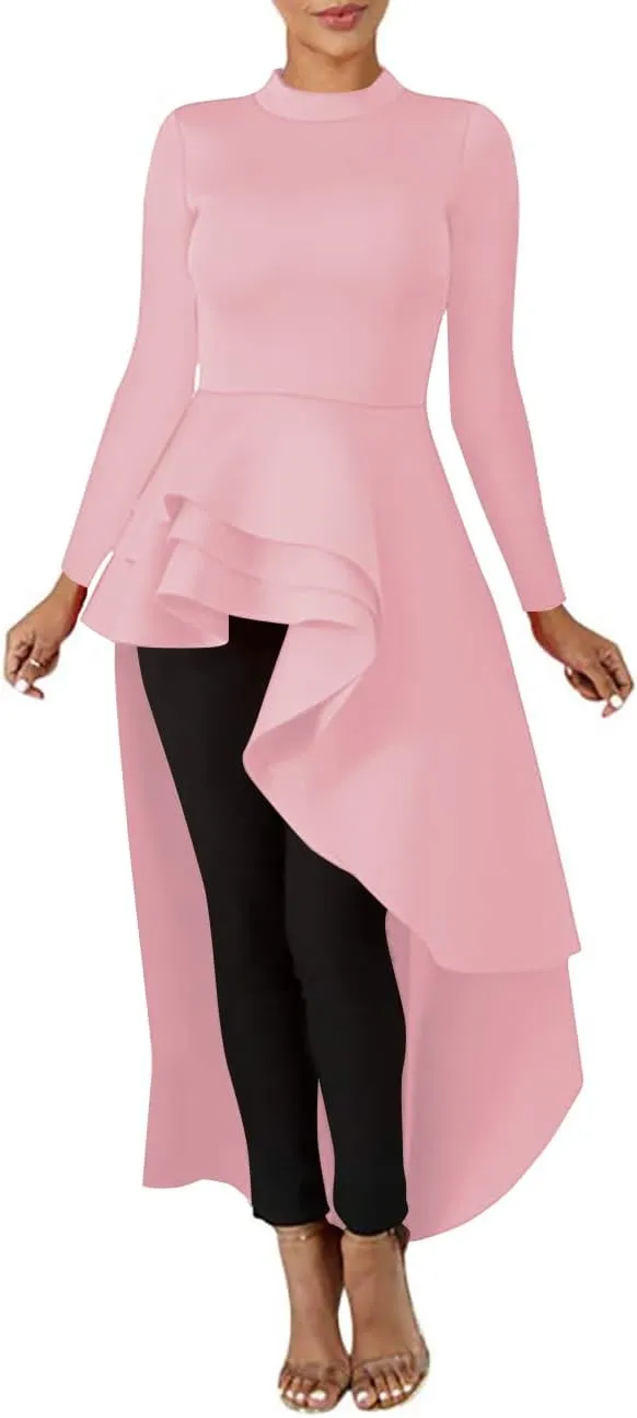 Lrady Womens Casual Shirt Dress High Low Ruffle Blouse Asymmetrical Peplum Tops Long Tunic Dresses