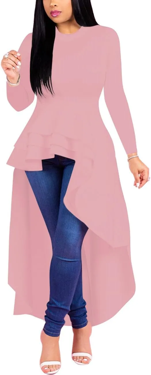 Lrady Womens Casual Shirt Dress High Low Ruffle Blouse Asymmetrical Peplum Tops Long Tunic Dresses