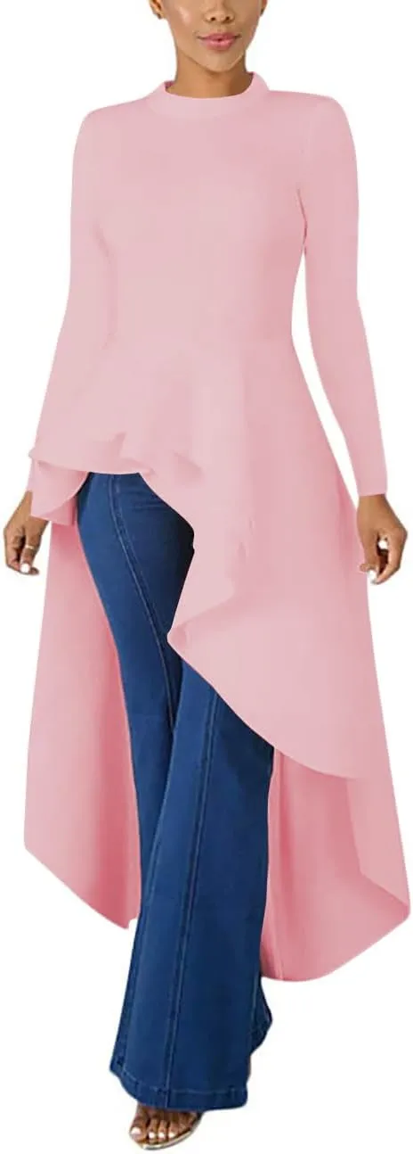 Lrady Womens Casual Shirt Dress High Low Ruffle Blouse Asymmetrical Peplum Tops Long Tunic Dresses