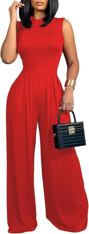 LYANER Women's Elegant Crewneck Sleeveless High Waist Long Wide Leg Pant Jumpsuit Romper, Rose