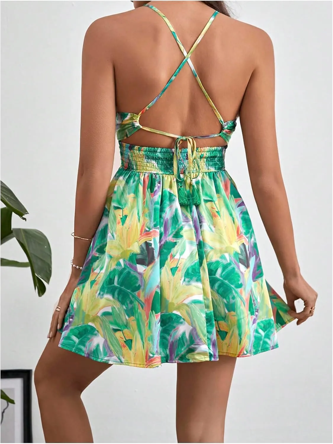 MakeMeChic Women's Boho Floral Summer Dress Criss Cross High Waisted V Neck Sleeveless Short Sundress