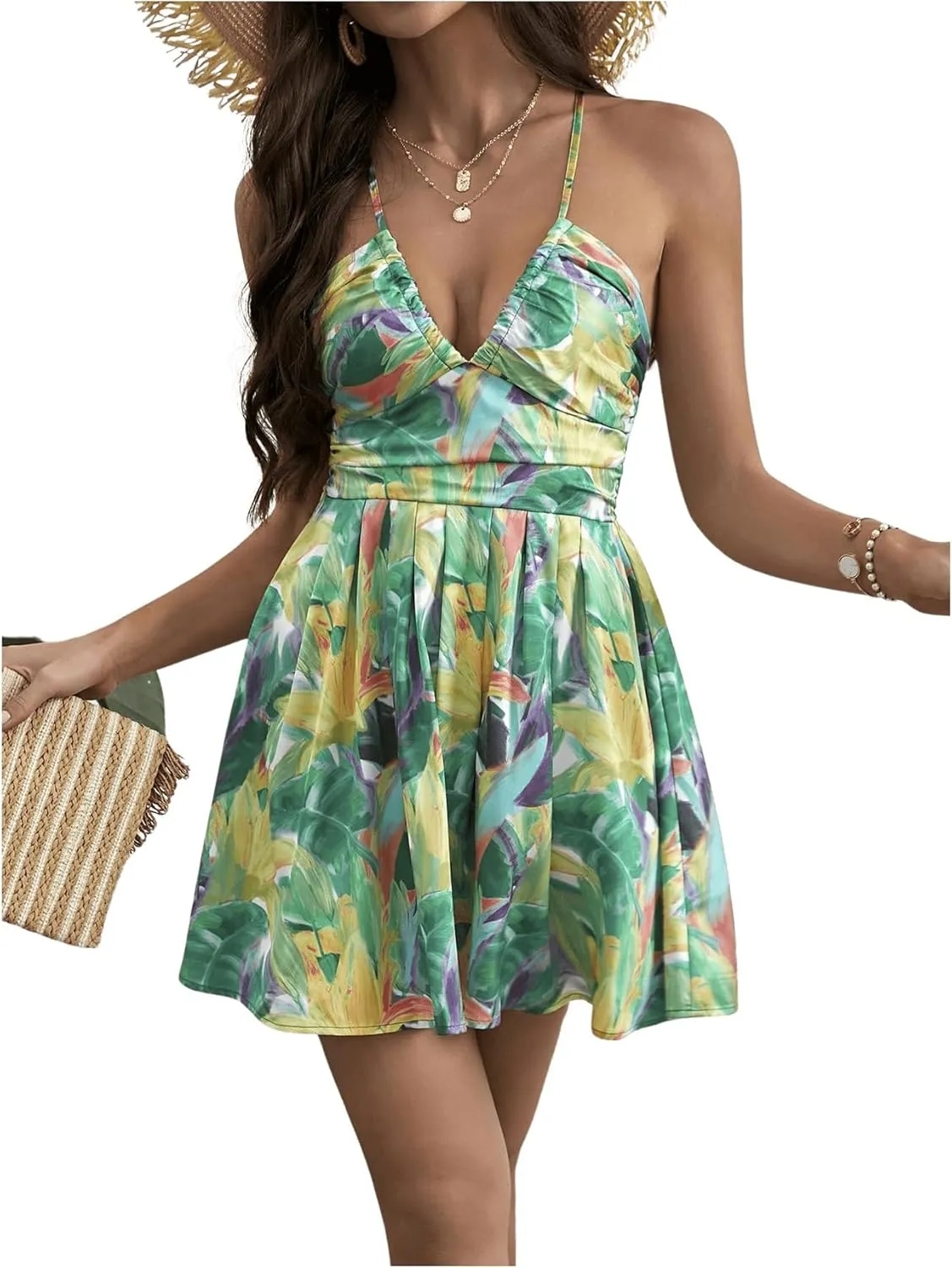 MakeMeChic Women's Boho Floral Summer Dress Criss Cross High Waisted V Neck Sleeveless Short Sundress