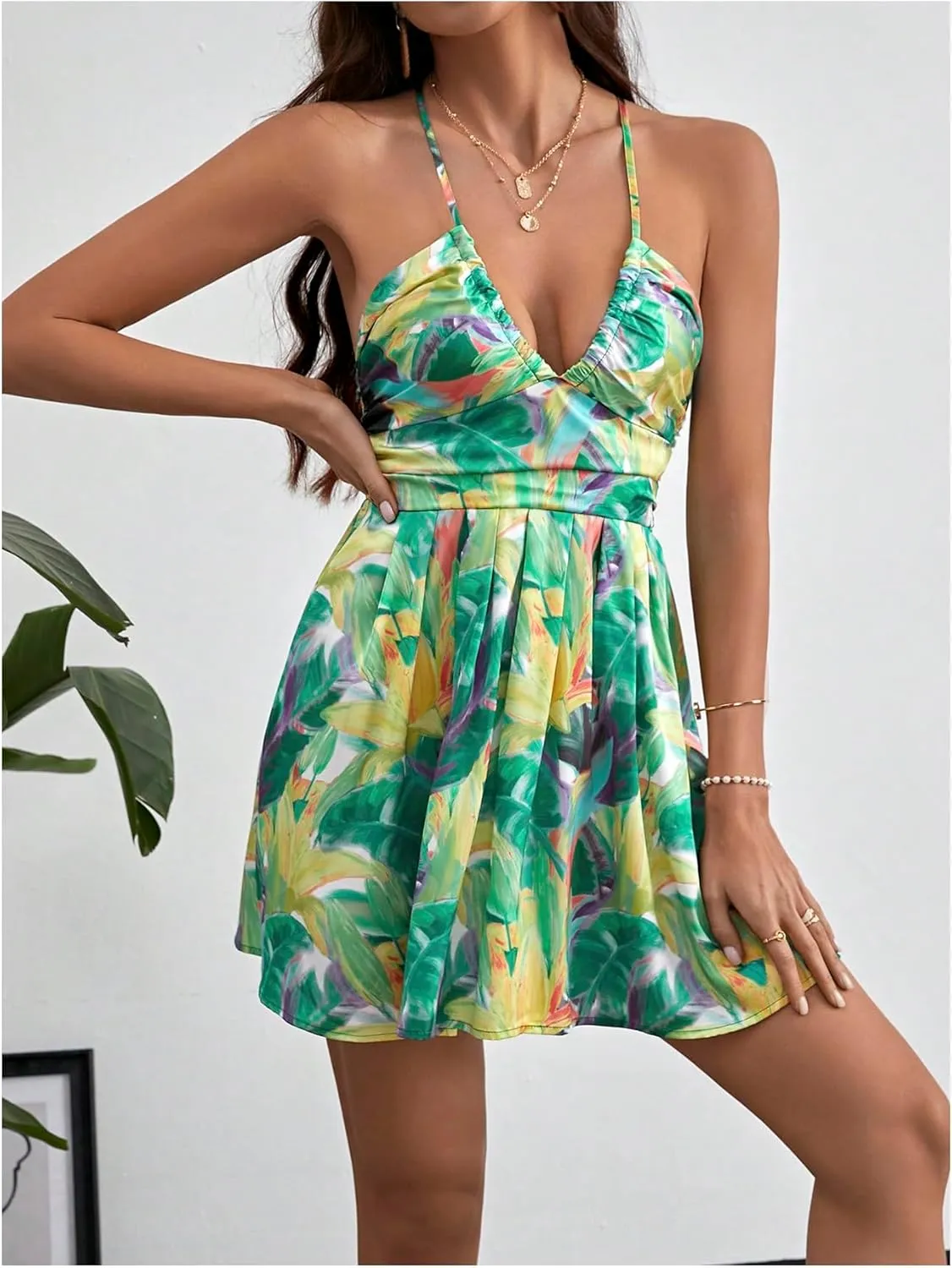 MakeMeChic Women's Boho Floral Summer Dress Criss Cross High Waisted V Neck Sleeveless Short Sundress