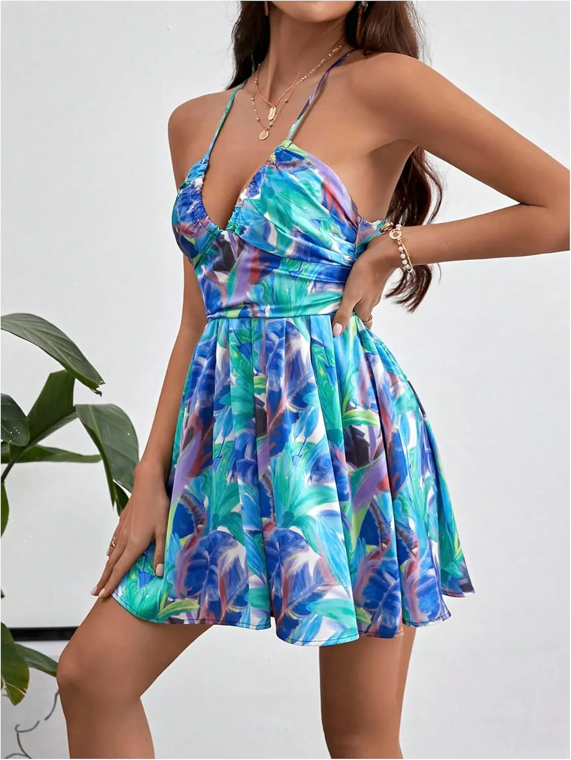MakeMeChic Women's Boho Floral Summer Dress Criss Cross High Waisted V Neck Sleeveless Short Sundress