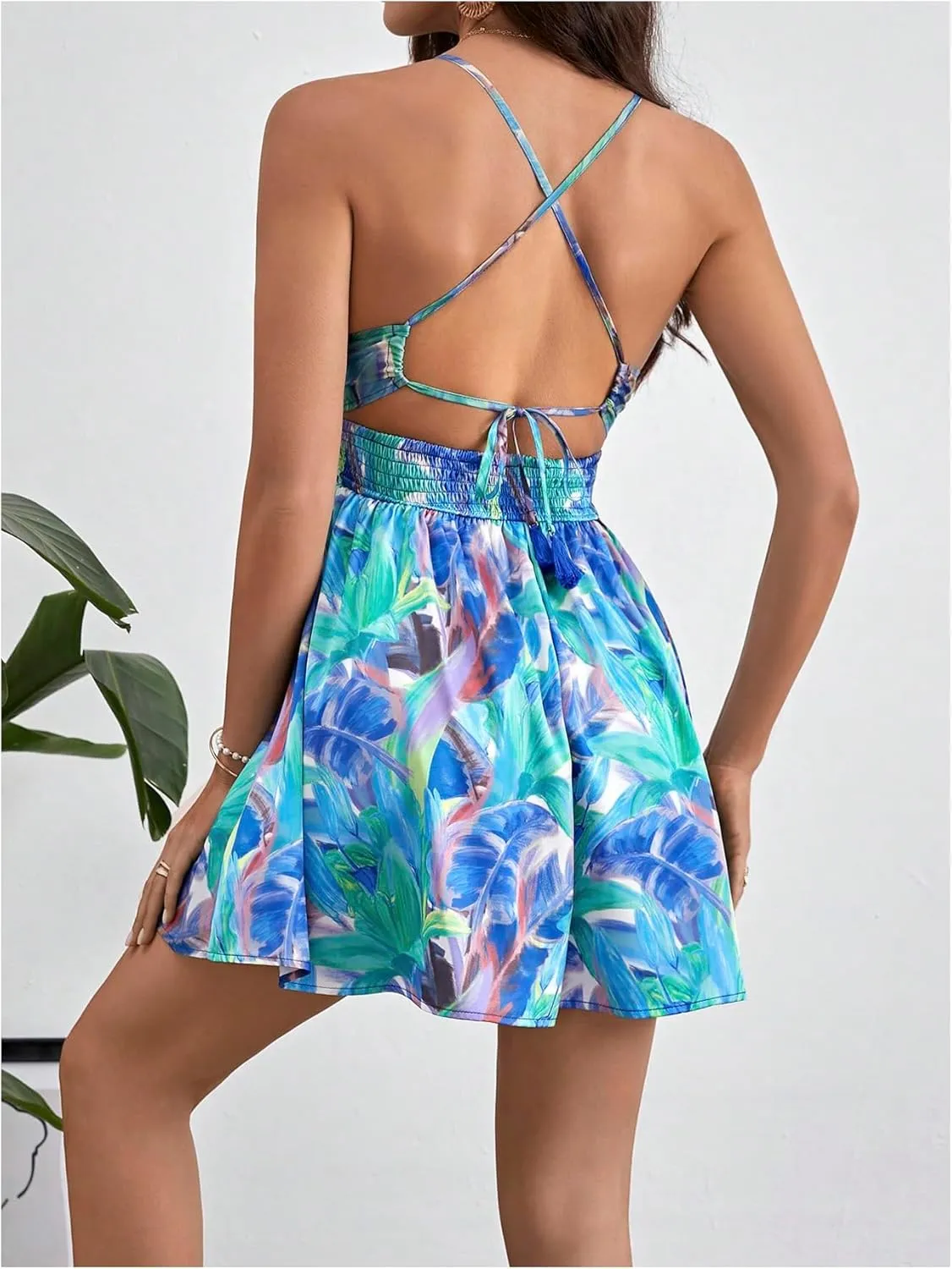 MakeMeChic Women's Boho Floral Summer Dress Criss Cross High Waisted V Neck Sleeveless Short Sundress