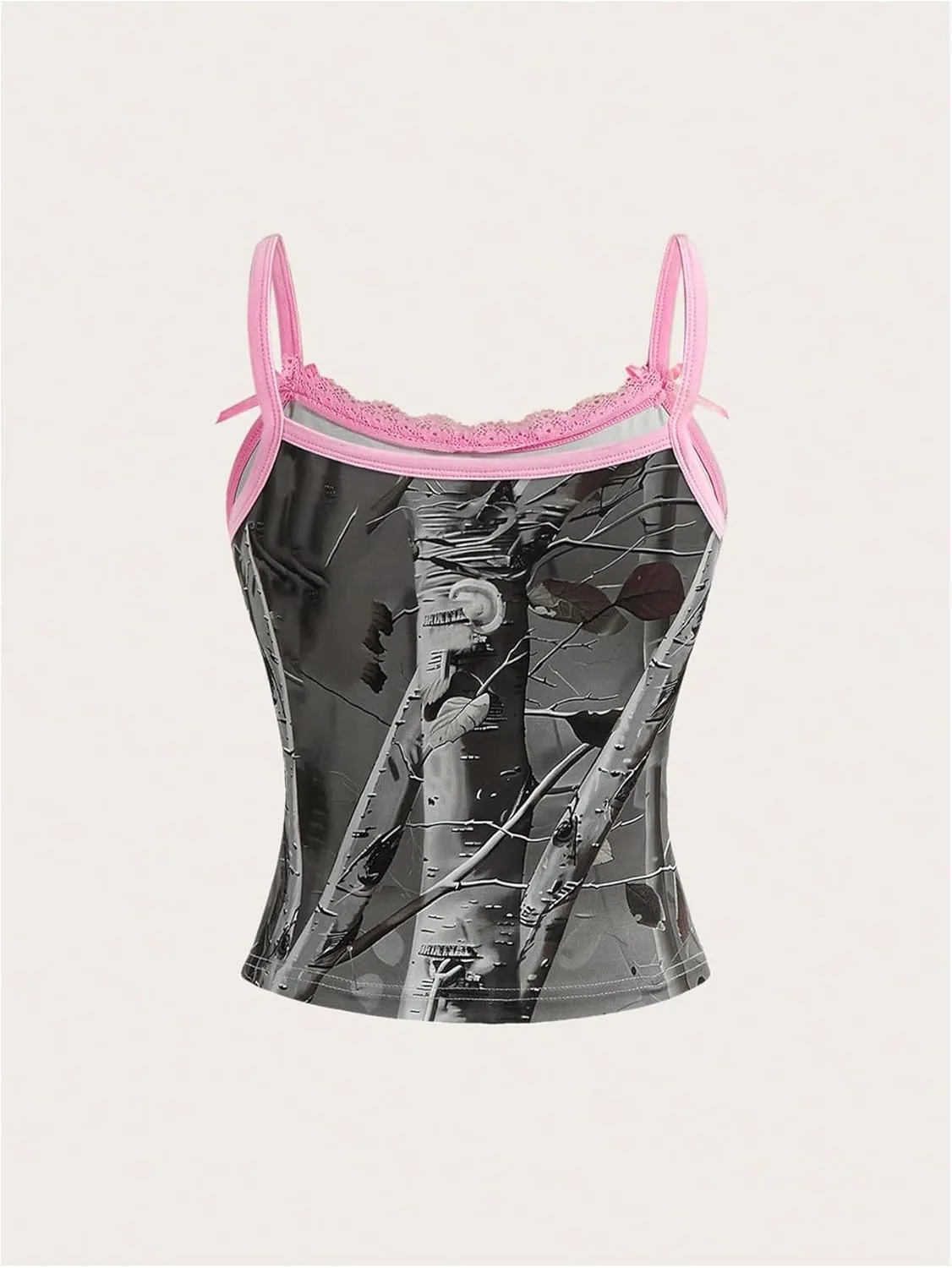 MakeMeChic Women's Camo Print Lace Trim Camisole Bow Knot Spaghetti Strap Cami Top