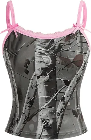 MakeMeChic Women's Camo Print Lace Trim Camisole Bow Knot Spaghetti Strap Cami Top