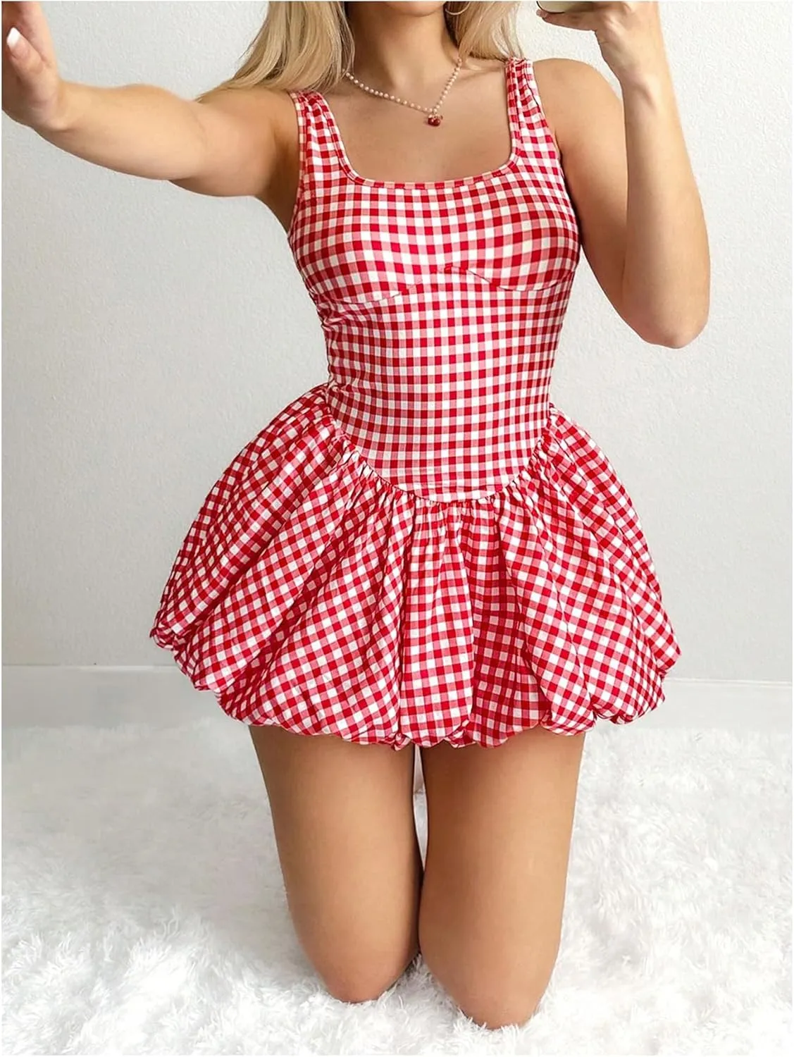 MakeMeChic Women's Casual Bubble Dress Square Neck Sleeveless Ruffle Mini Dresses
