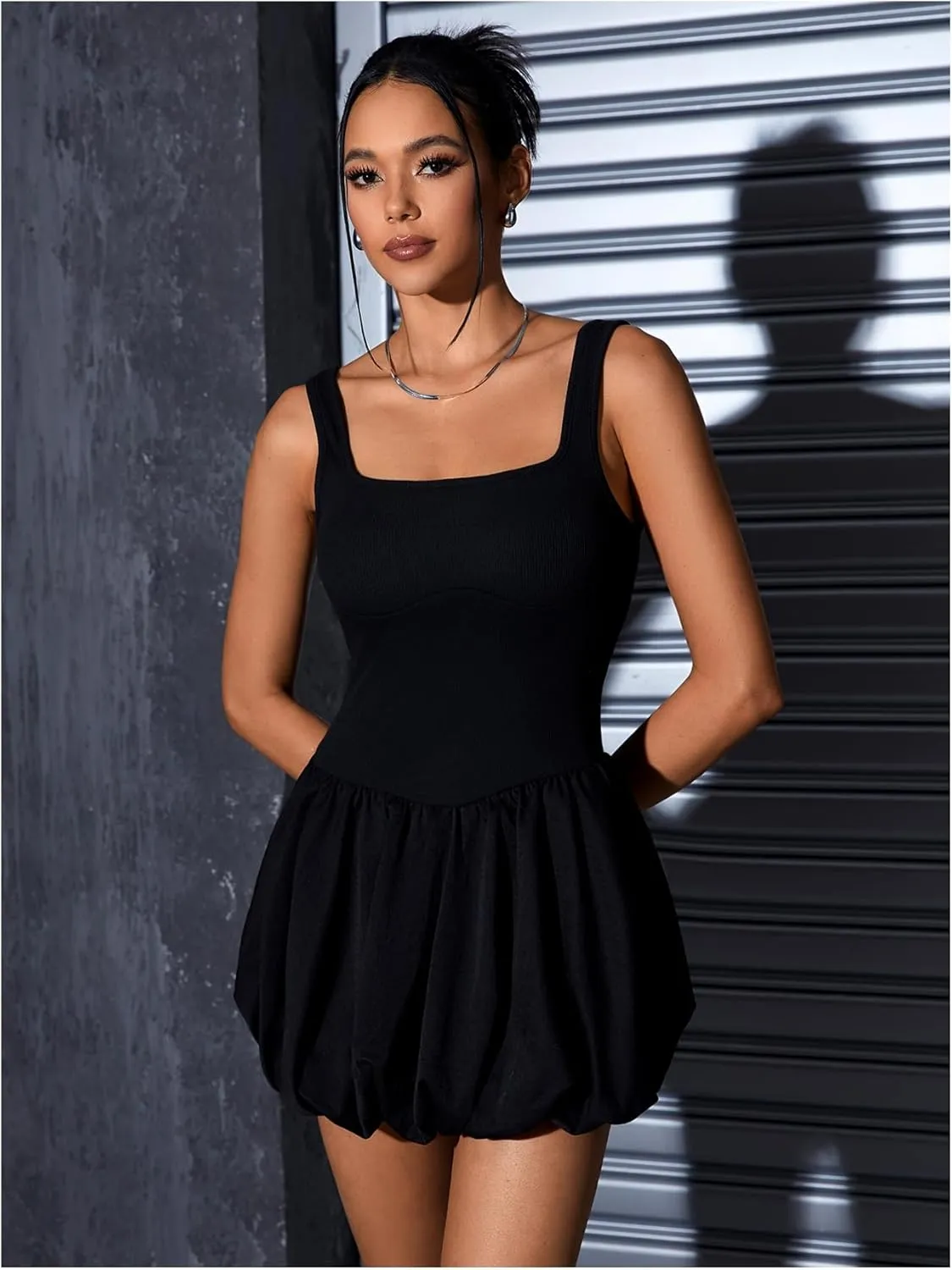 MakeMeChic Women's Casual Bubble Dress Square Neck Sleeveless Ruffle Mini Dresses