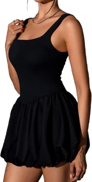 MakeMeChic Women's Casual Bubble Dress Square Neck Sleeveless Ruffle Mini Dresses