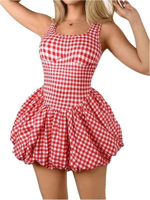 MakeMeChic Women's Casual Bubble Dress Square Neck Sleeveless Ruffle Mini Dresses