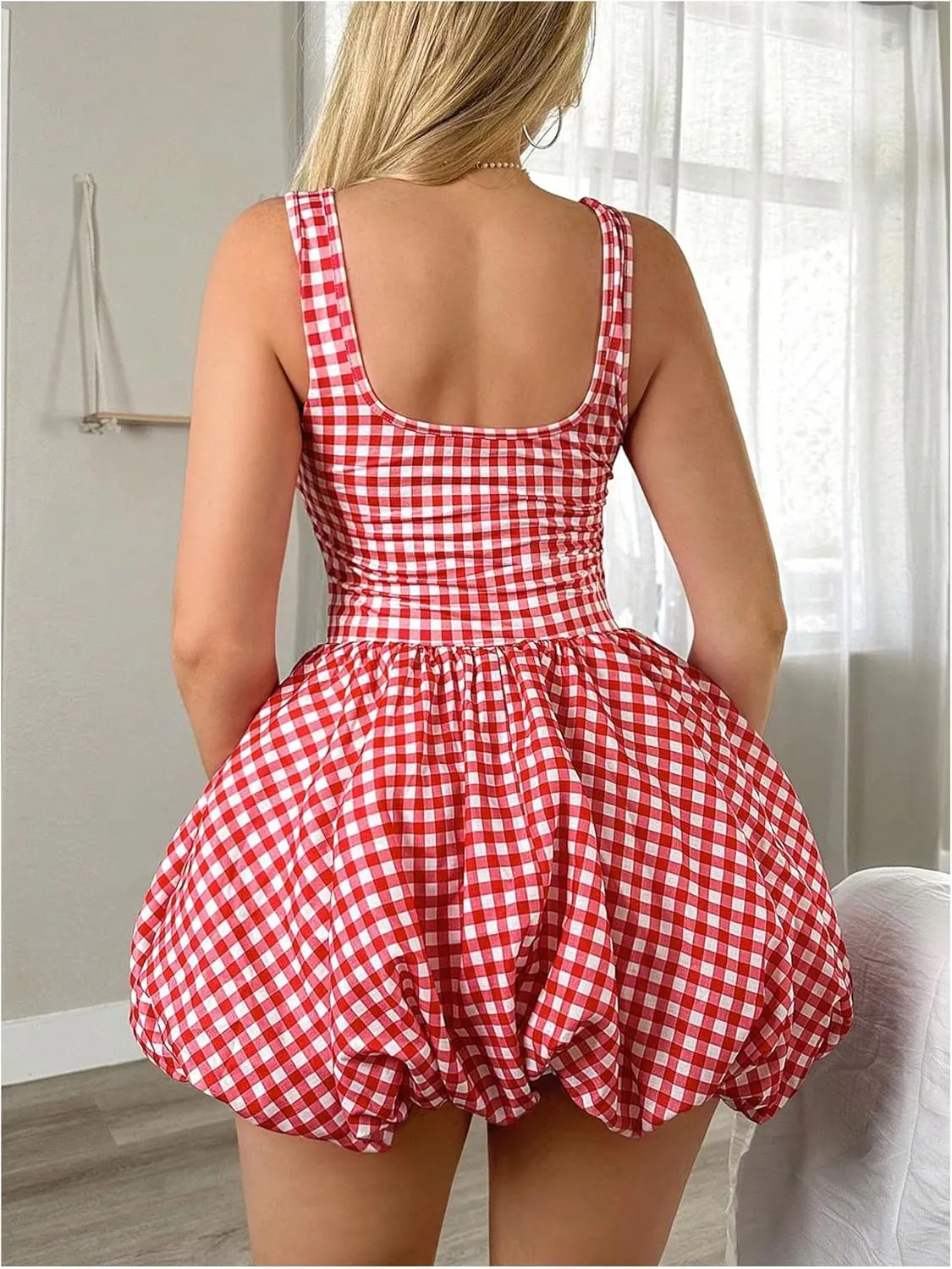 MakeMeChic Women's Casual Bubble Dress Square Neck Sleeveless Ruffle Mini Dresses