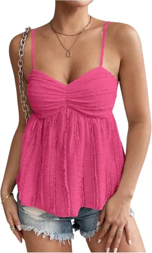 MakeMeChic Women's Floral Lace Cami Spaghetti Strap Camisole Flared Hem Ruched Summer Top