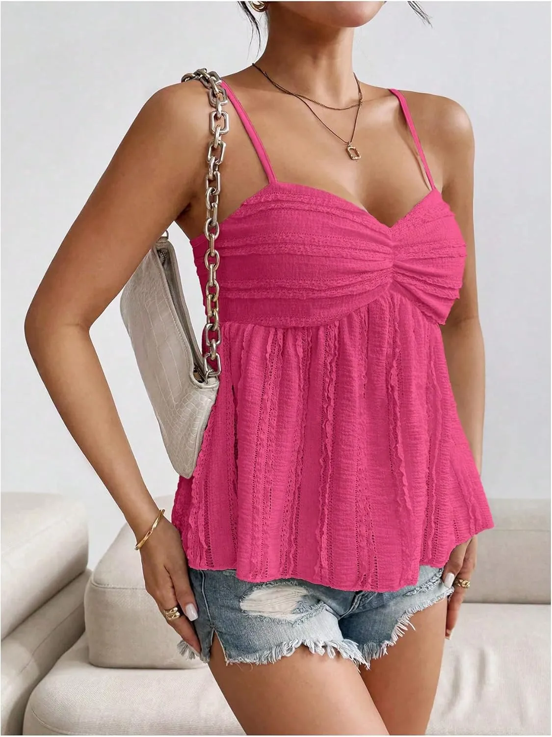 MakeMeChic Women's Floral Lace Cami Spaghetti Strap Camisole Flared Hem Ruched Summer Top