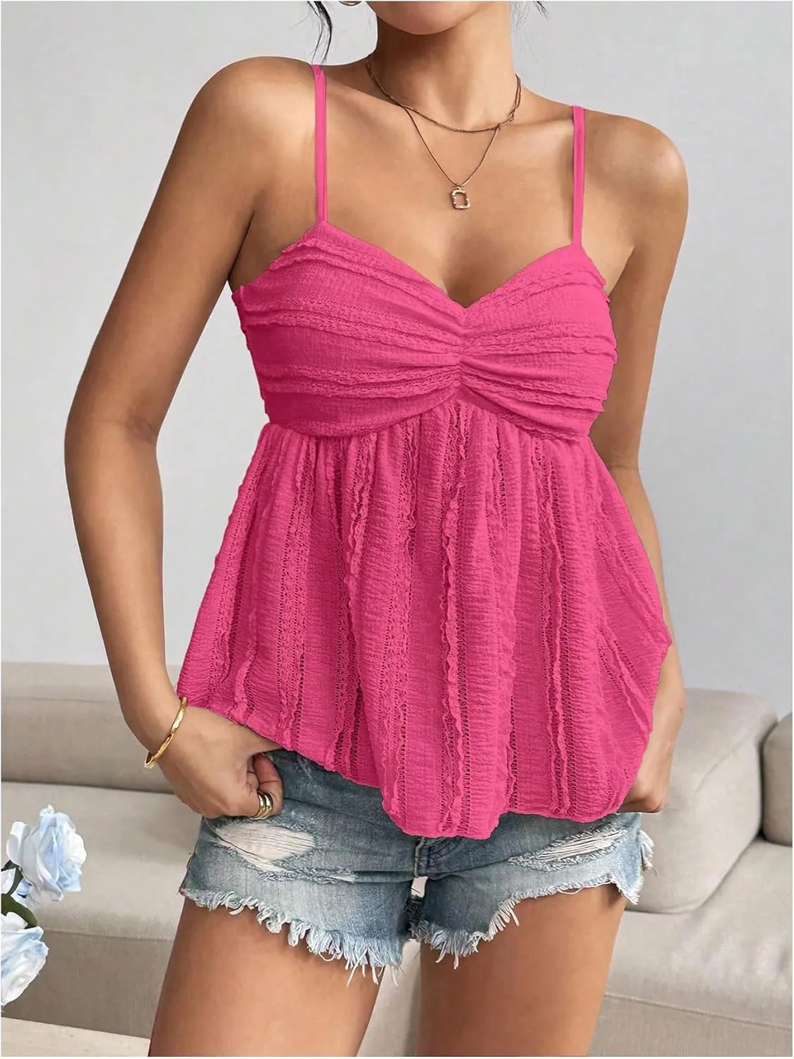 MakeMeChic Women's Floral Lace Cami Spaghetti Strap Camisole Flared Hem Ruched Summer Top