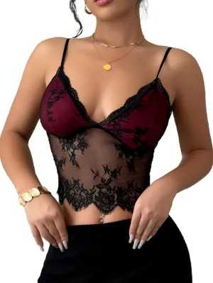 MakeMeChic Women's Floral Lace Top Sheer V Neck Camisole Spaghetti Strap Club Crop Tops
