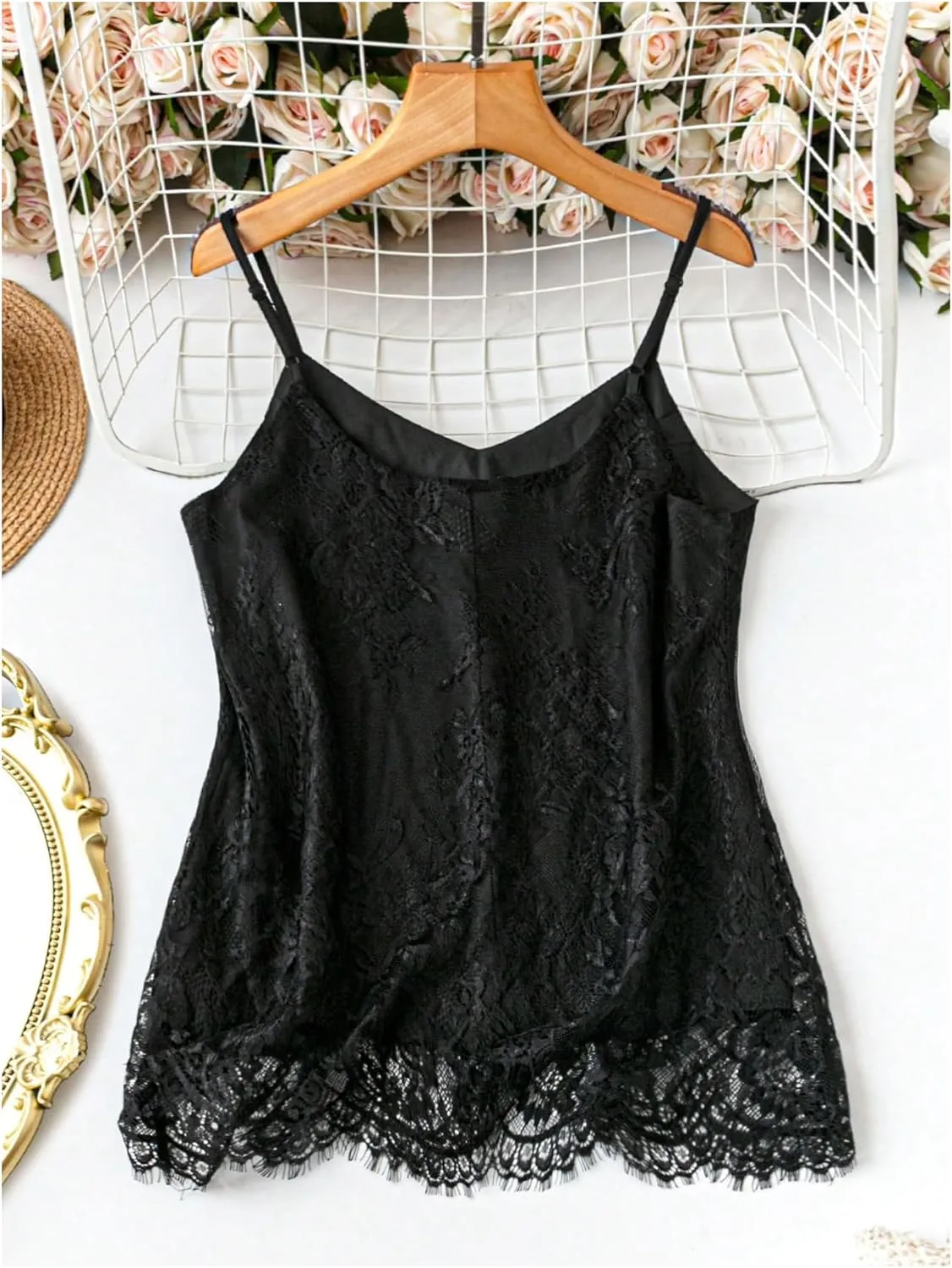 MakeMeChic Women's Floral Lace V Neck Camisole Spaghetti Strap Sleeveless Y2k Tank Tops