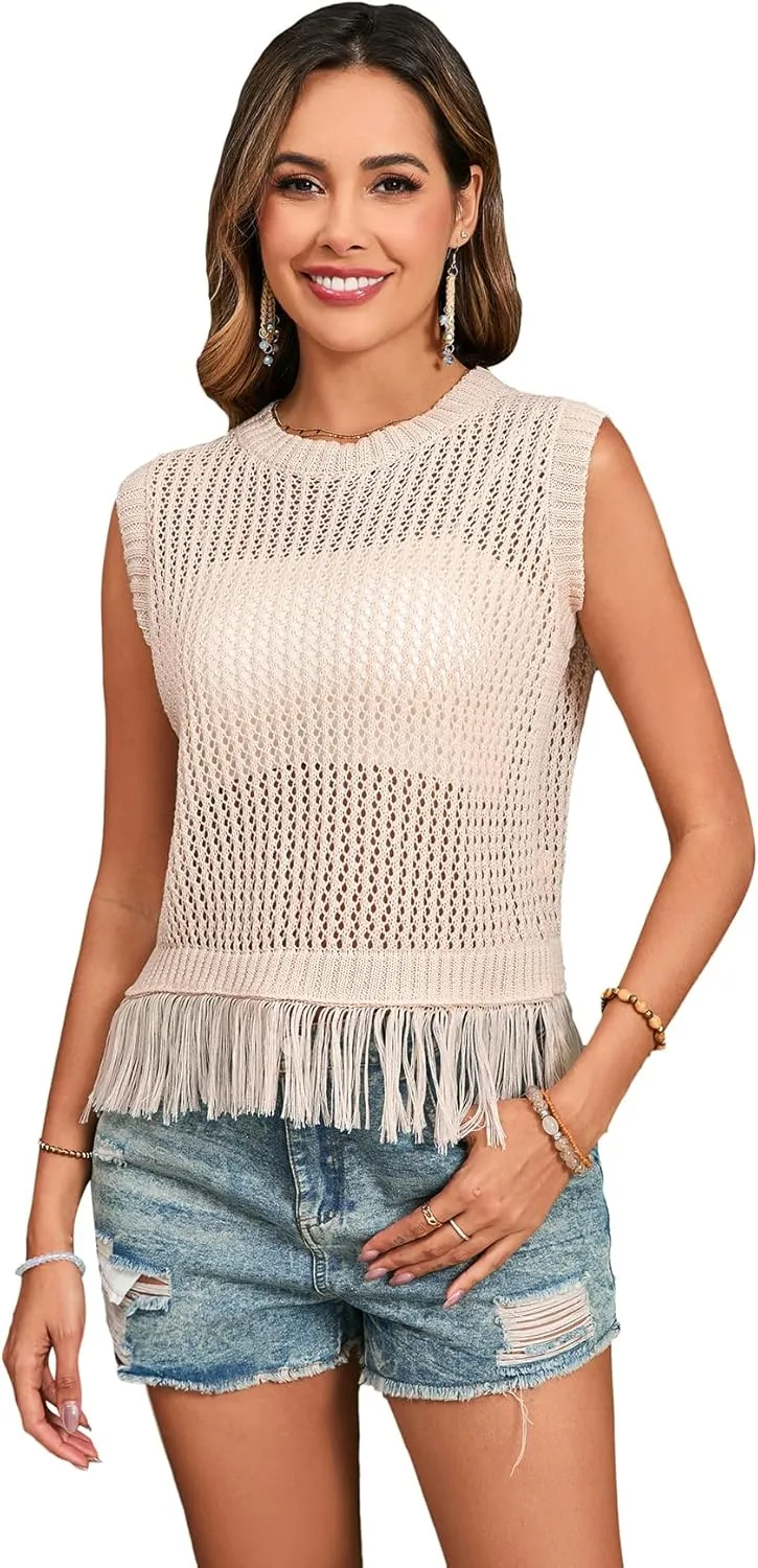 MakeMeChic Women's Fringe Crochet Sheer Tank Tops Crew Neck Sleeveless Knit Sweater Vest