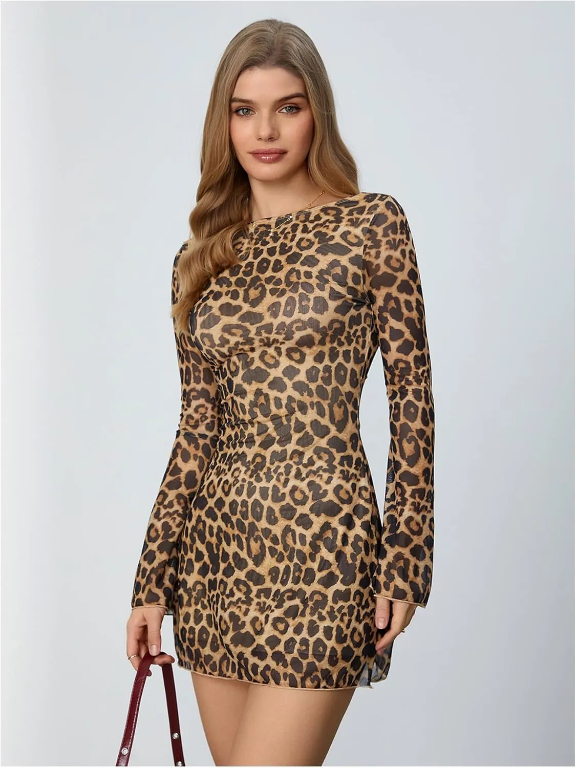 MakeMeChic Women's Leopard Print Dress Y2k Backless Mesh Bell Sleeve Mini Cheetah Print Dress