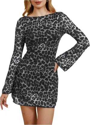MakeMeChic Women's Leopard Print Dress Y2k Backless Mesh Bell Sleeve Mini Cheetah Print Dress